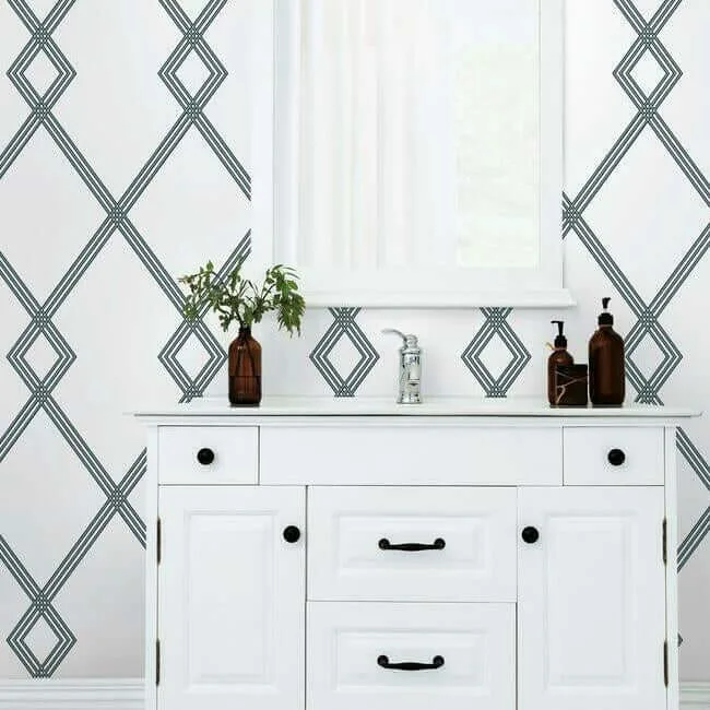 Inspired by Color Ribbon Stripe Trellis - White & Black Wallpaper | Buy Online Inspired by Color Ribbon Stripe Trellis wallpaper, color White & Black, SKU CY1509