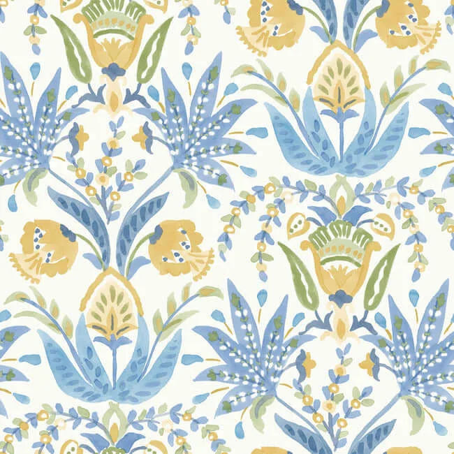 Inspired by Color Seaside Jacobean wallpaper, color Yellow & Blue, SKU MN1913