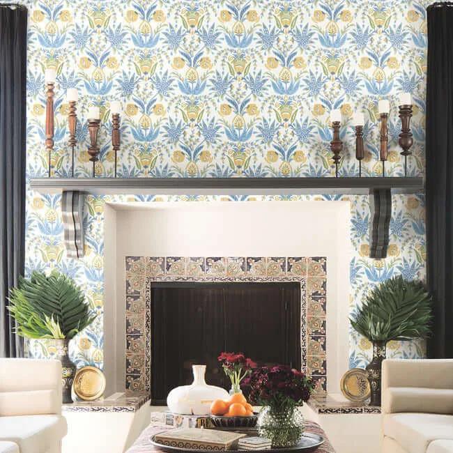 Inspired by Color Seaside Jacobean wallpaper, color Yellow & Blue, SKU MN1913