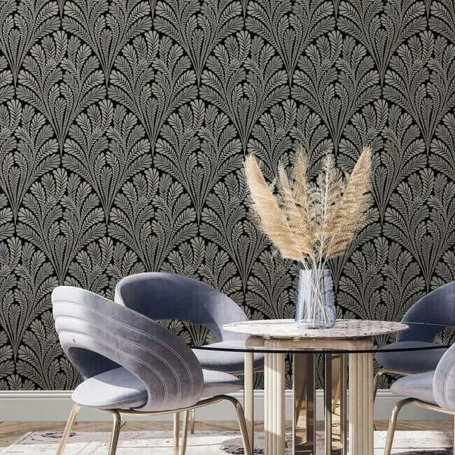 Inspired by Color Shell Damask - Black Wallpaper | Buy Online Inspired by Color Shell Damask wallpaper, color Black, SKU BW3951
