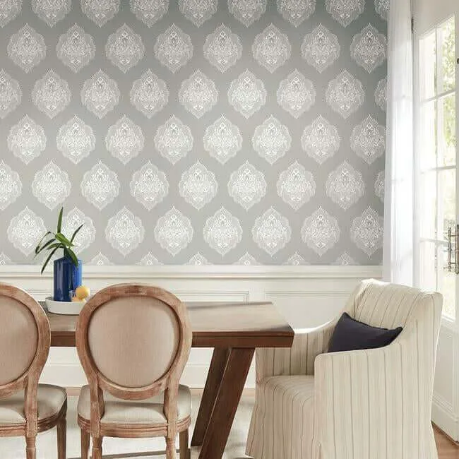 Inspired by Color Signet Medallion Damask - Grey Wallpaper | Buy Online Inspired by Color Signet Medallion Damask wallpaper, color Grey, SKU DM4984