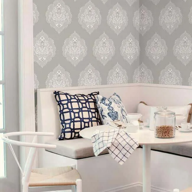Inspired by Color Signet Medallion Damask - Grey Wallpaper | Buy Online Inspired by Color Signet Medallion Damask wallpaper, color Grey, SKU DM4984