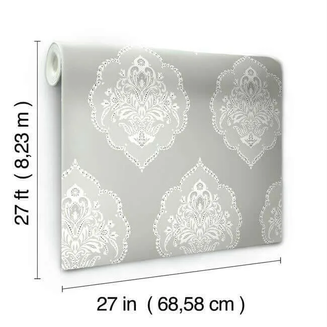 Inspired by Color Signet Medallion Damask - Grey Wallpaper | Buy Online Inspired by Color Signet Medallion Damask wallpaper, color Grey, SKU DM4984