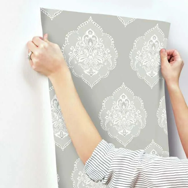 Inspired by Color Signet Medallion Damask - Grey Wallpaper | Buy Online Inspired by Color Signet Medallion Damask wallpaper, color Grey, SKU DM4984