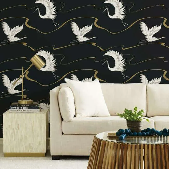 Inspired by Color Soaring Cranes - Black & Gold Wallpaper | Buy Online Inspired by Color Soaring Cranes wallpaper, color Black & Gold, SKU BW3871