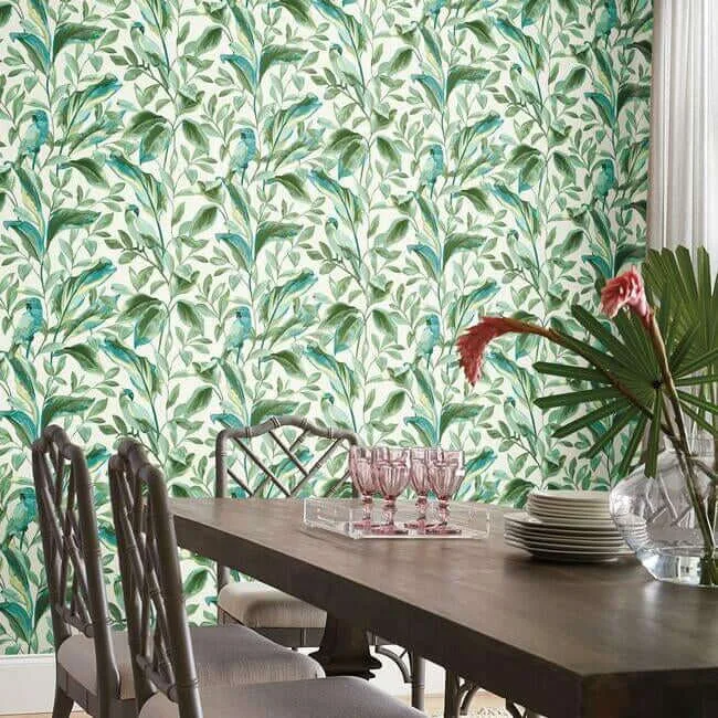 Inspired by Color Tropical Love Birds wallpaper, color White & Aqua, SKU TC2654