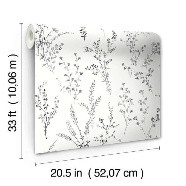 Inspired by Color Wildflower Sprigs wallpaper, color Black & White, SKU FH4026