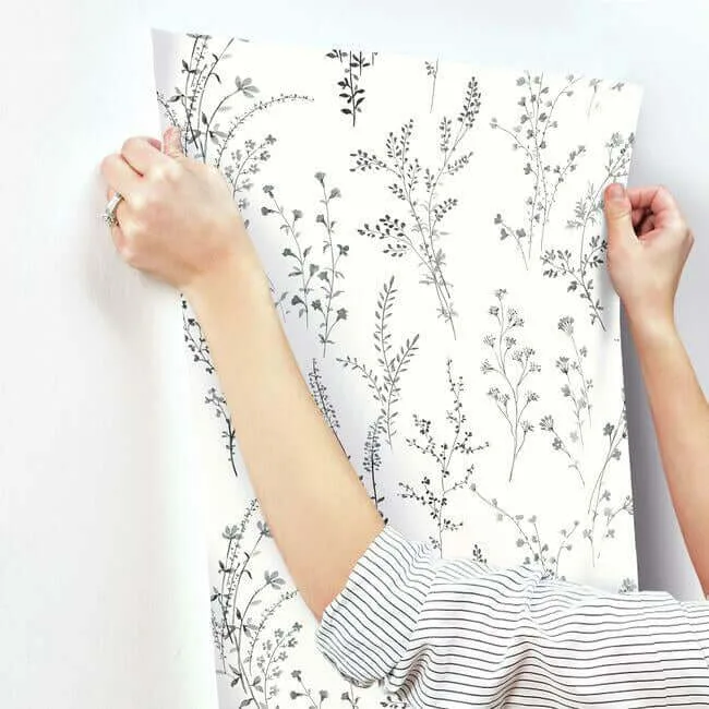 Inspired by Color Wildflower Sprigs wallpaper, color Black & White, SKU FH4026