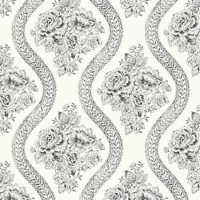 Magnolia Home Coverlet Floral wallpaper, color Black & Off White, SKU MH1597