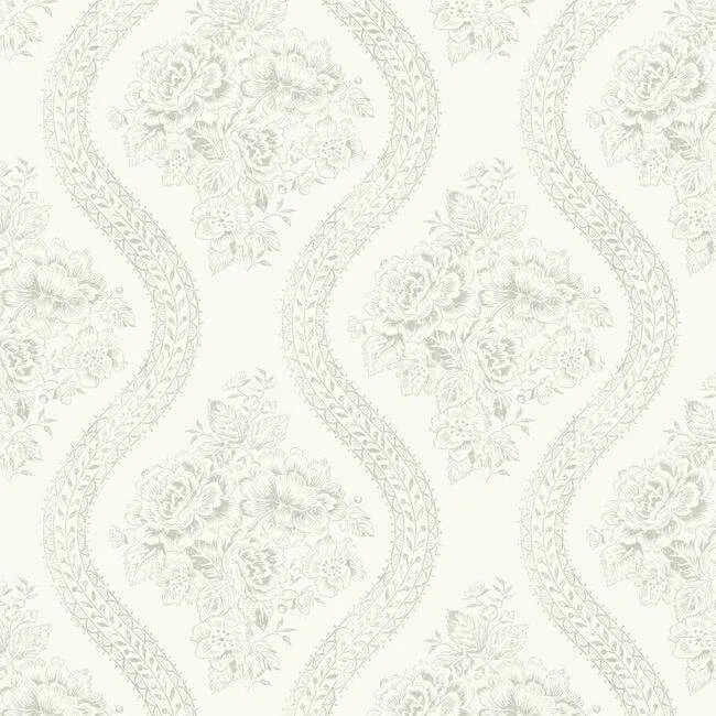 Magnolia Home Coverlet Floral wallpaper, color Grey & Off White, SKU MH1595