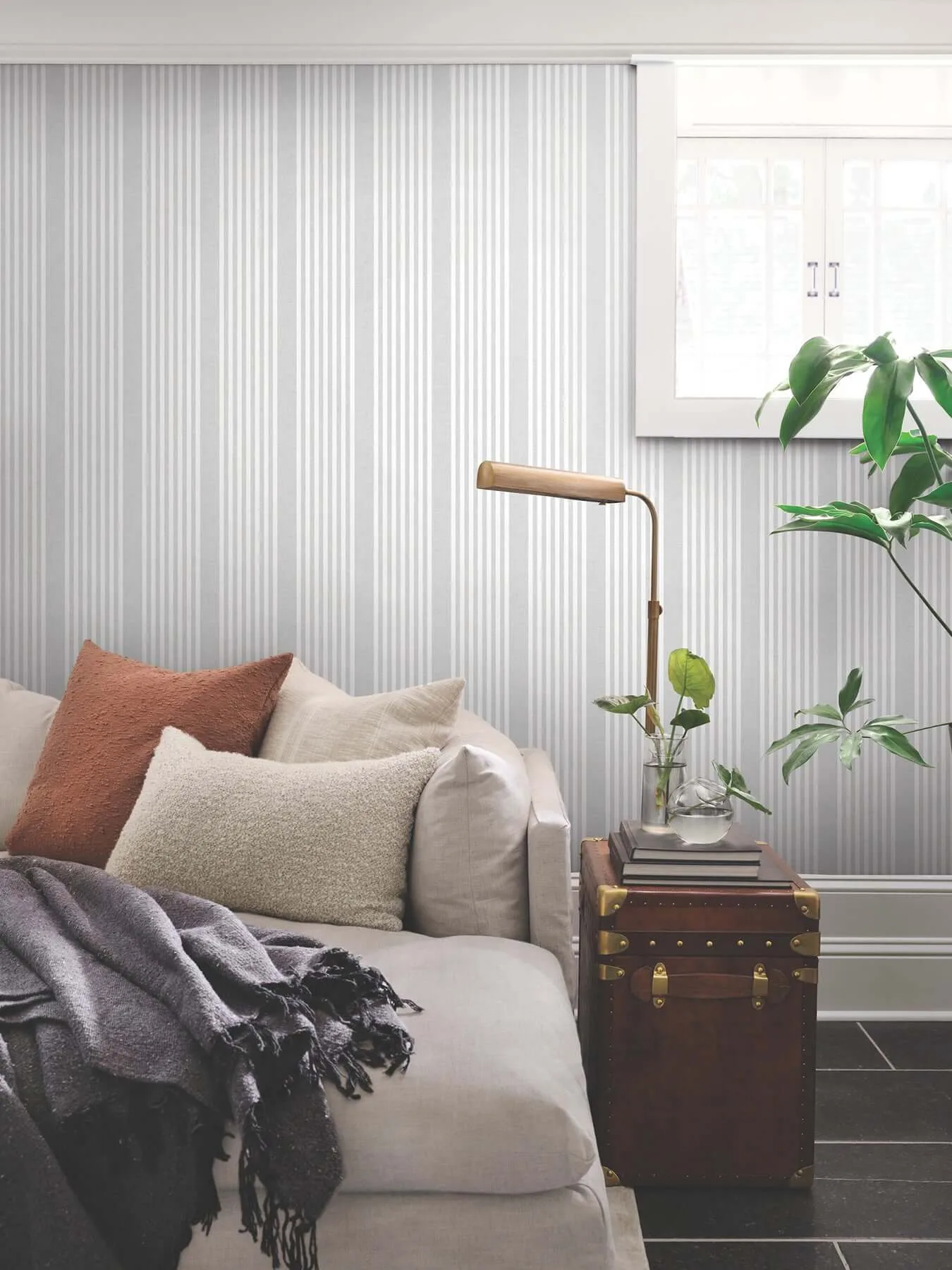 Magnolia Home French Linen Stripe wallpaper, color Arctic Grey, SKU SR1582MH