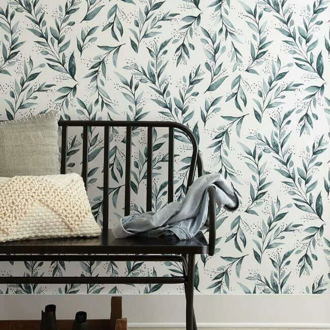 Magnolia Home Weekends Olive Branch wallpaper, color Teal, SKU ME1536