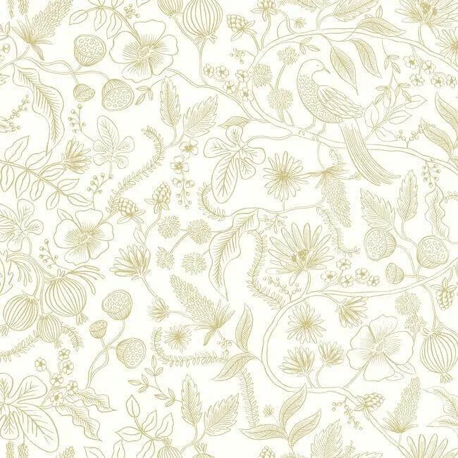 Rifle Paper Co. Aviary wallpaper, color Off White & Gold, SKU PSW1309RL
