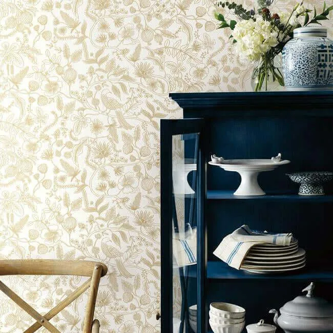 Rifle Paper Co. Aviary wallpaper, color Off White & Gold, SKU PSW1309RL