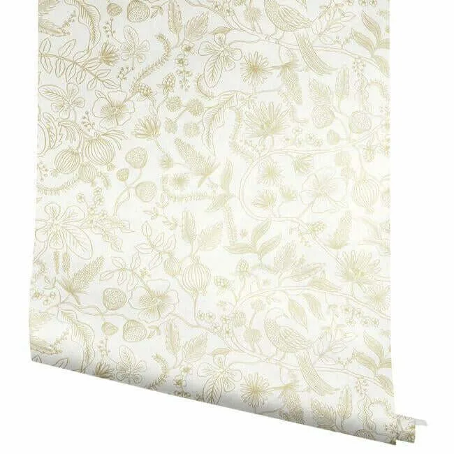 Rifle Paper Co. Aviary wallpaper, color Off White & Gold, SKU PSW1309RL