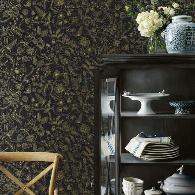 Rifle Paper Co. Aviary wallpaper, color Black & Gold, SKU PSW1310RL