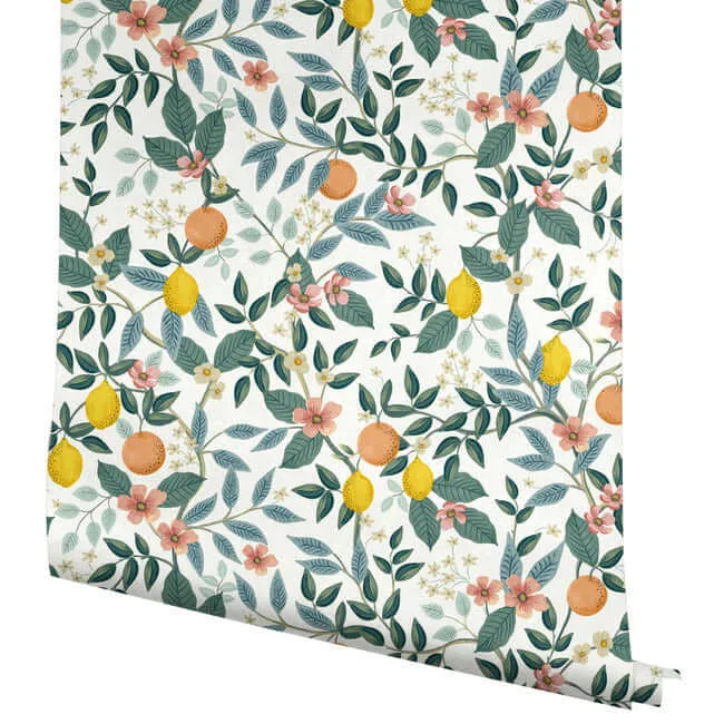 Rifle Paper Co. Citrus Grove - White Wallpaper | Buy Online Rifle Paper Co. Citrus Grove wallpaper, color White, SKU PSW1479RL
