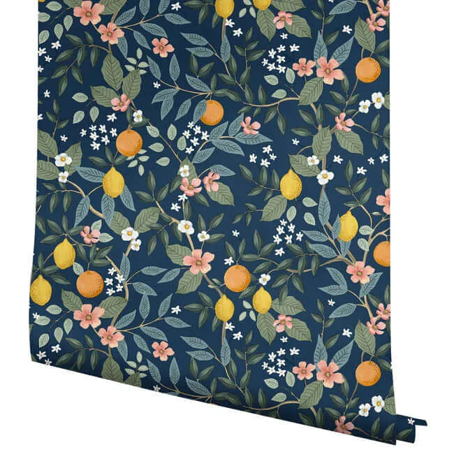 Rifle Paper Co. Citrus Grove - Navy Wallpaper | Buy Online Rifle Paper Co. Citrus Grove wallpaper, color Navy, SKU PSW1481RL