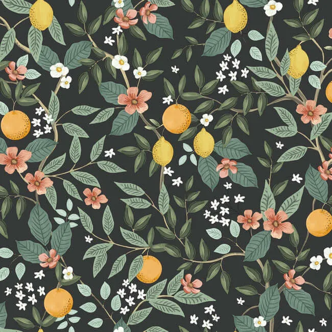 Rifle Paper Co. Citrus Grove wallpaper, color Black, SKU PSW1482RL