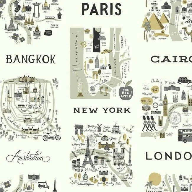 Rifle Paper Co. City Maps wallpaper, color Grey & Gold, SKU RI5161