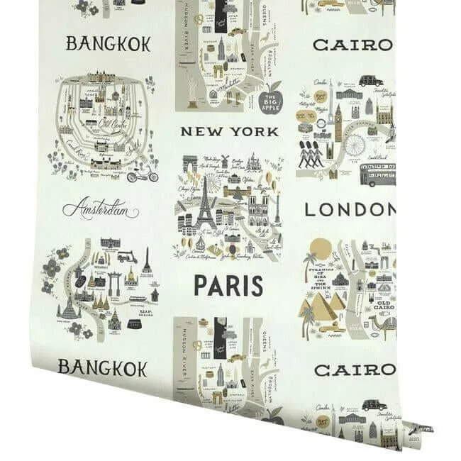 Rifle Paper Co. City Maps wallpaper, color Grey & Gold, SKU RI5161
