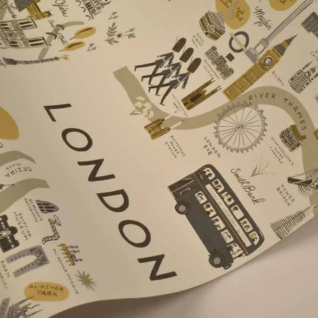 Rifle Paper Co. City Maps wallpaper, color Grey & Gold, SKU RI5161
