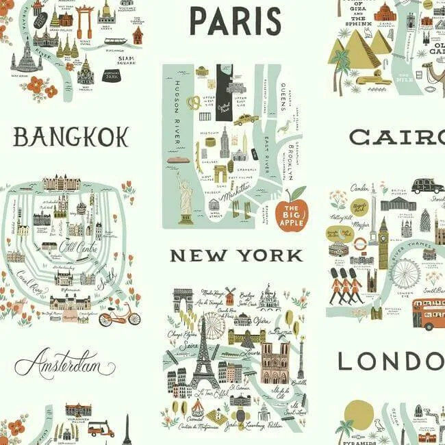 Rifle Paper Co. City Maps wallpaper, color Mint Metallic, SKU RI5160