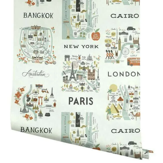 Rifle Paper Co. City Maps wallpaper, color Mint Metallic, SKU RI5160