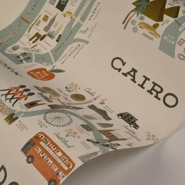 Rifle Paper Co. City Maps wallpaper, color Mint Metallic, SKU RI5160