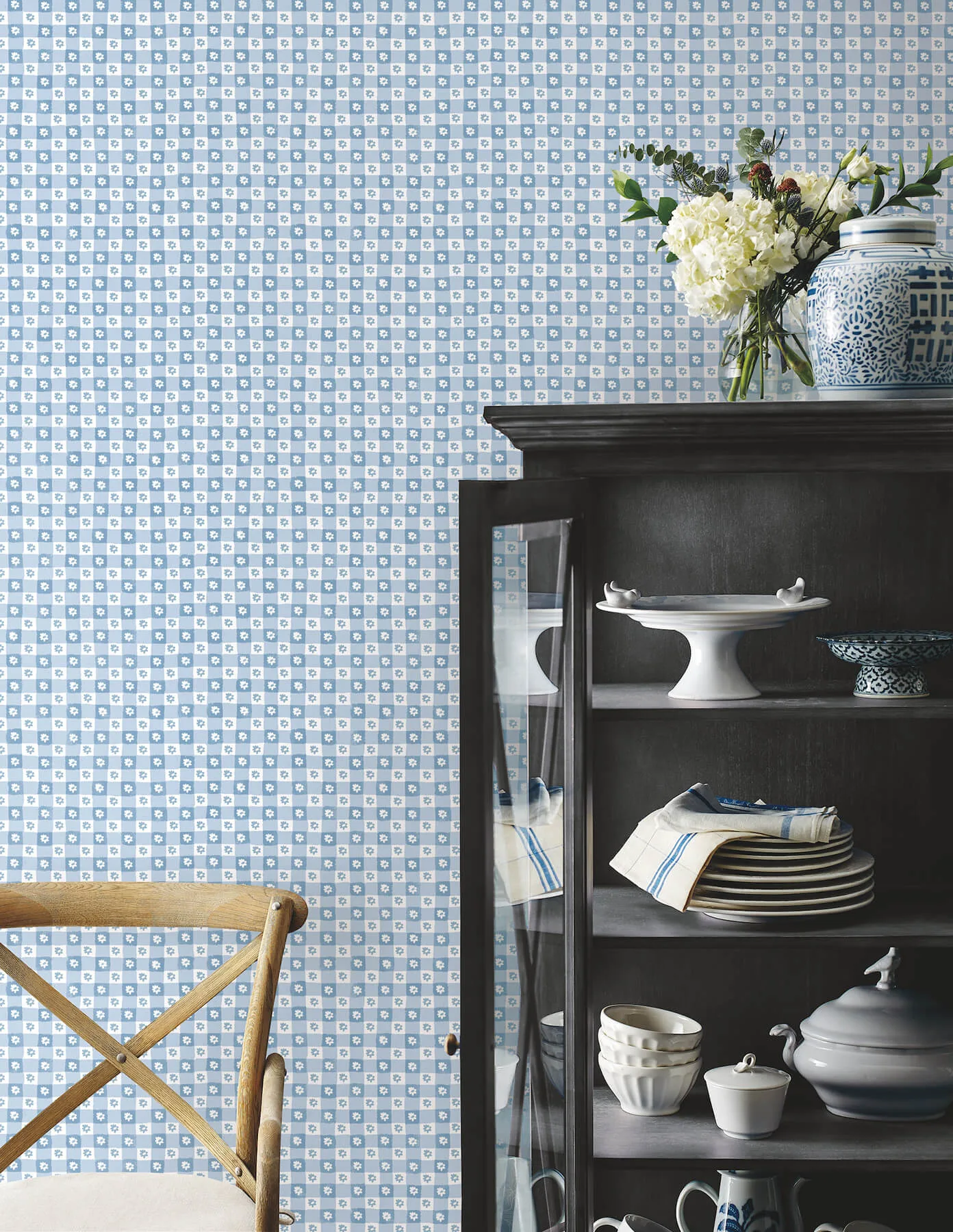 Rifle Paper Co. Daisy Gingham wallpaper, color Blue, SKU PSW1689RL