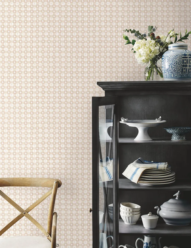 Rifle Paper Co. Daisy Gingham wallpaper, color Blush, SKU PSW1690RL