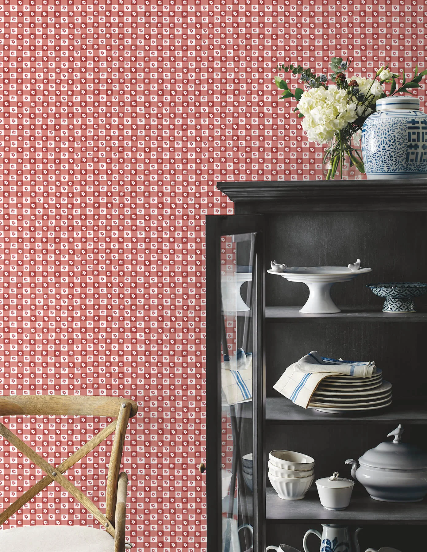 Rifle Paper Co. Daisy Gingham wallpaper, color Red, SKU PSW1691RL