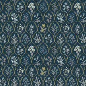 Rifle Paper Co. Hawthorne wallpaper, color Navy & Gold, SKU RI5131