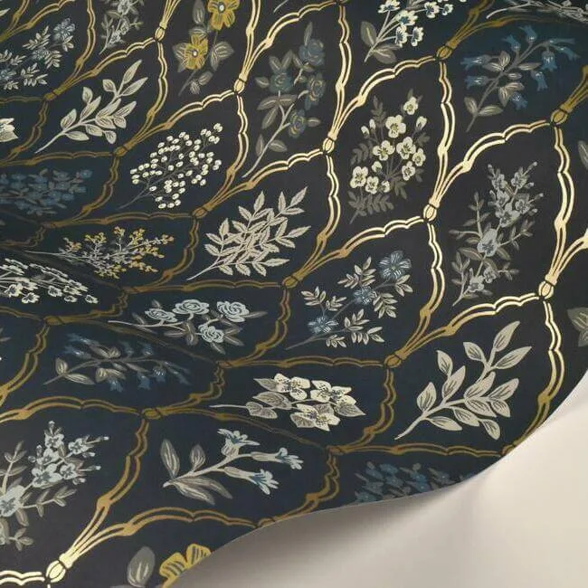 Rifle Paper Co. Hawthorne - Navy & Gold Wallpaper | Buy Online Rifle Paper Co. Hawthorne wallpaper, color Navy & Gold, SKU RI5131