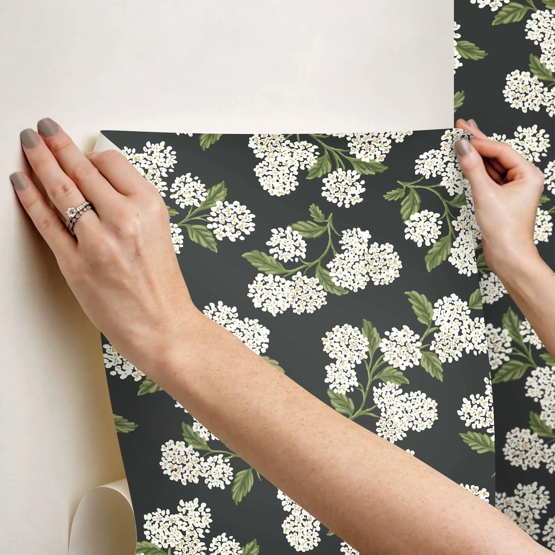 Rifle Paper Co. Hydrangea - Black & White Wallpaper | Buy Online Rifle Paper Co. Hydrangea wallpaper, color Black & White, SKU PSW1618RL