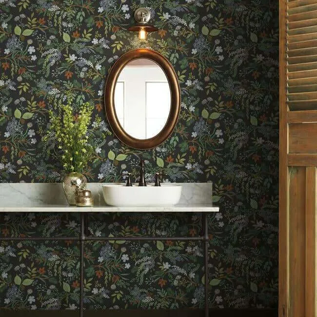 Rifle Paper Co. Juniper Forest wallpaper, color Black, SKU PSW1198RL