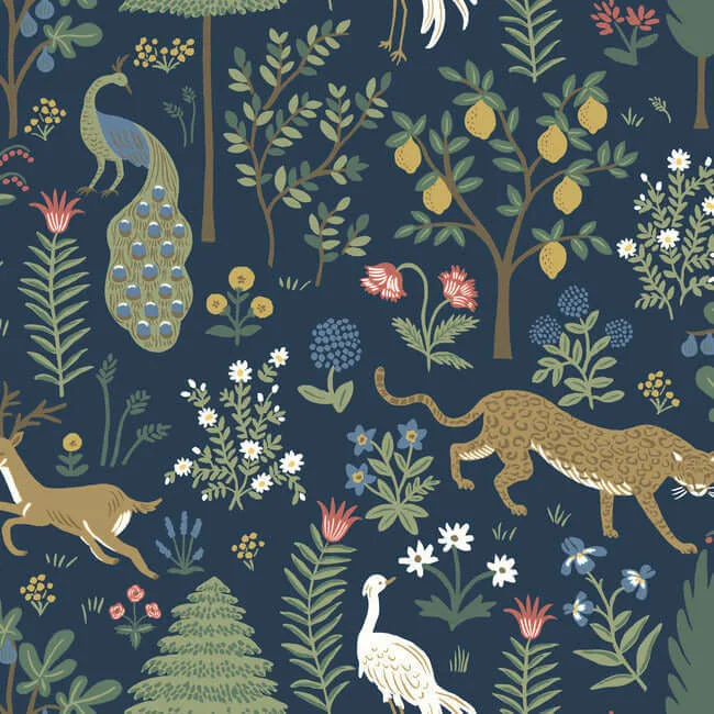 Rifle Paper Co. Menagerie wallpaper, color Blue & Brown, SKU RP7304