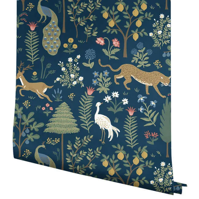 Rifle Paper Co. Menagerie - Blue & Brown Wallpaper | Buy Online Rifle Paper Co. Menagerie wallpaper, color Blue & Brown, SKU RP7304