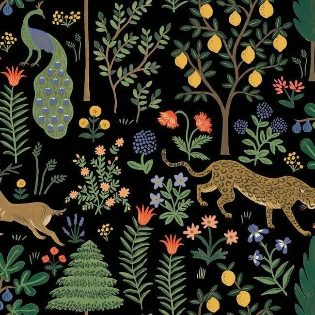Rifle Paper Co. Menagerie wallpaper, color Black, SKU PSW1321RL