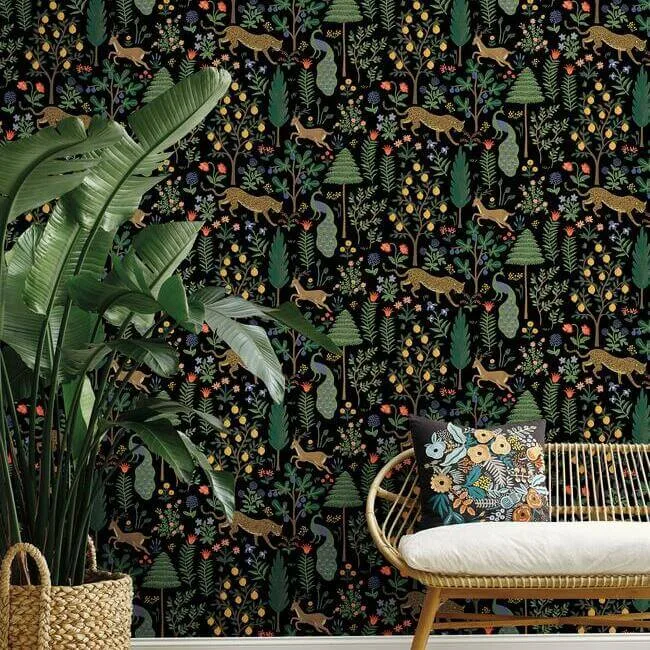 Rifle Paper Co. Menagerie wallpaper, color Black, SKU PSW1321RL