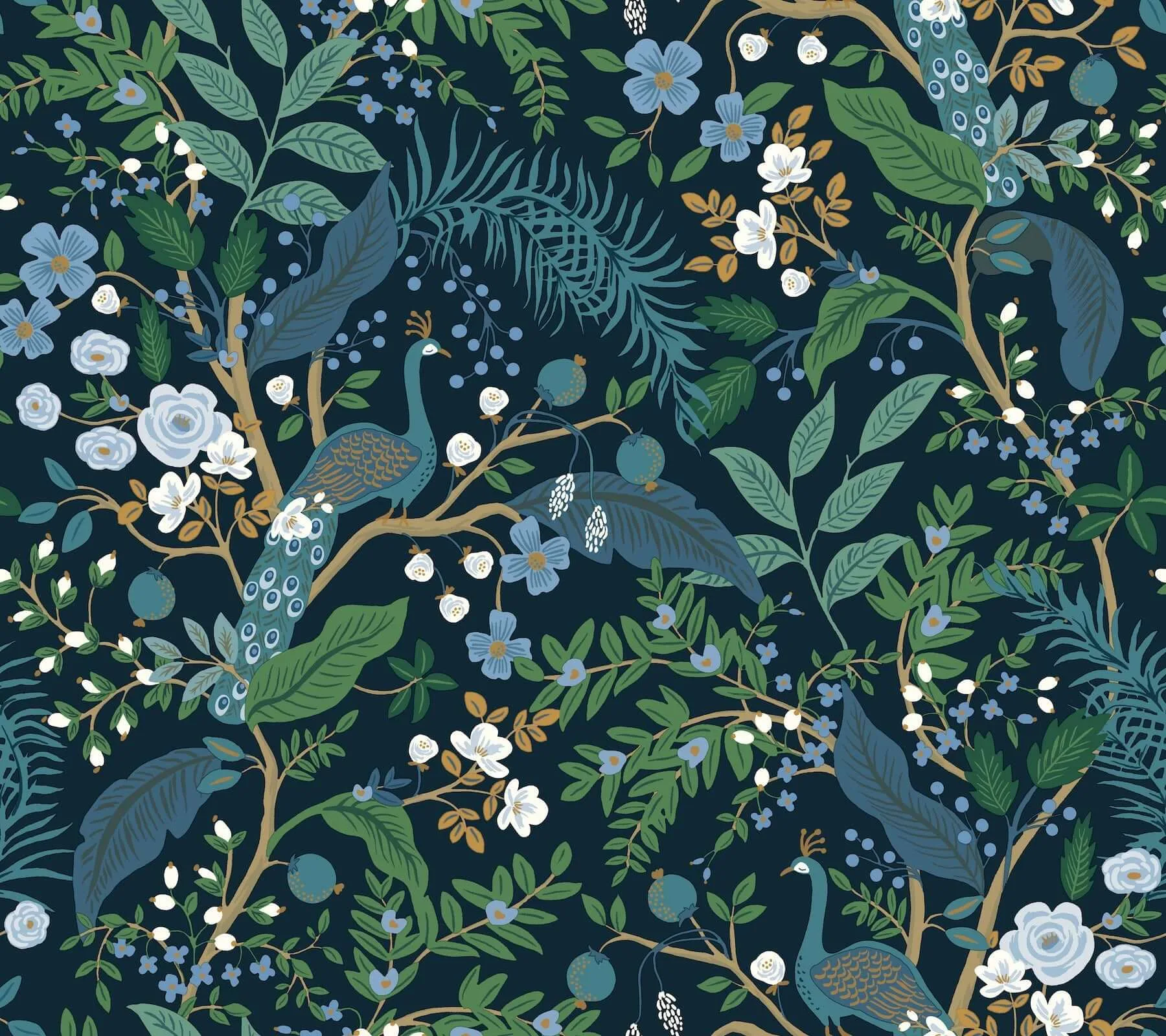 Rifle Paper Co. Peacock Garden wallpaper, color Navy, SKU PSW1536RL