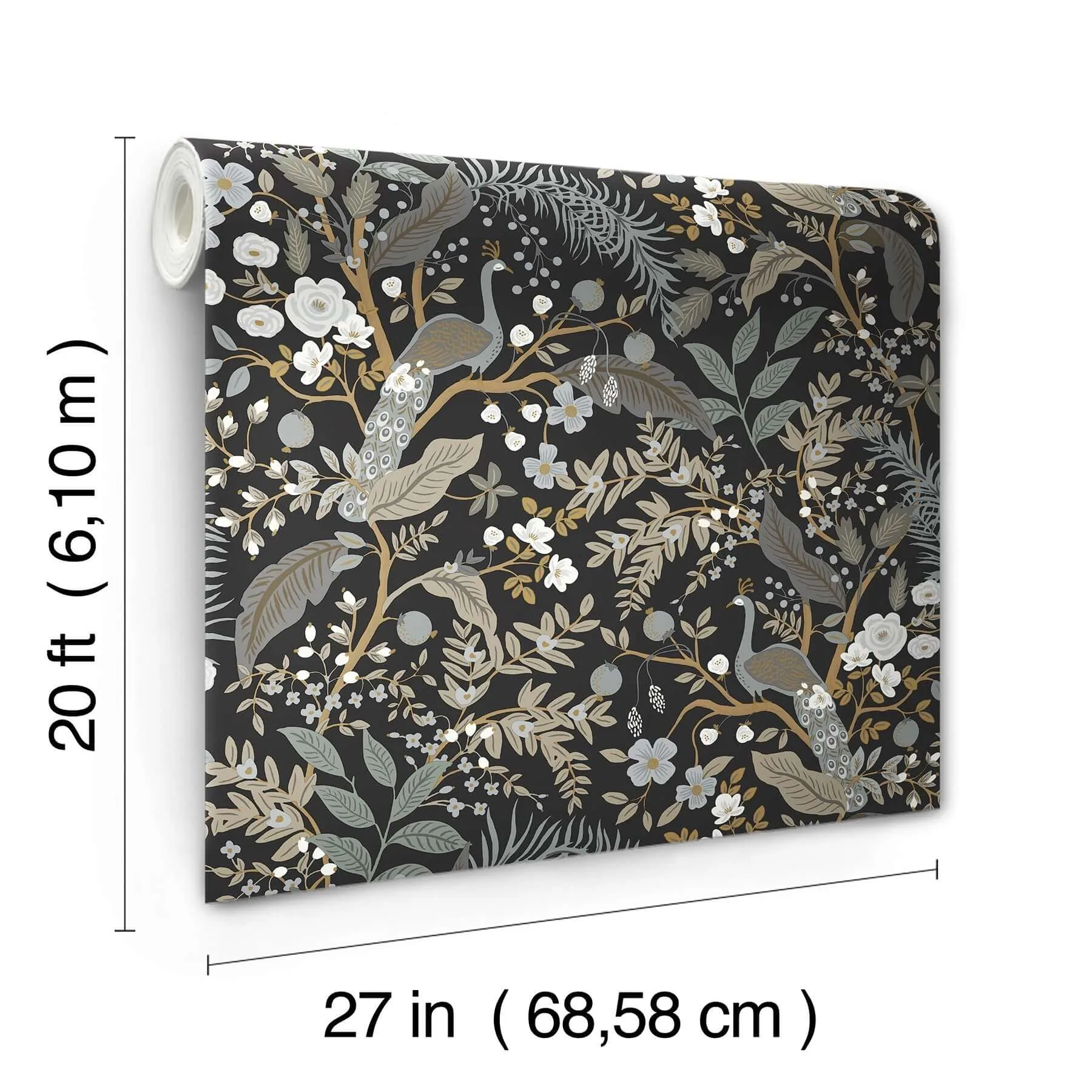 Rifle Paper Co. Peacock Garden - Black Wallpaper | Buy Online Rifle Paper Co. Peacock Garden wallpaper, color Black, SKU PSW1537RL
