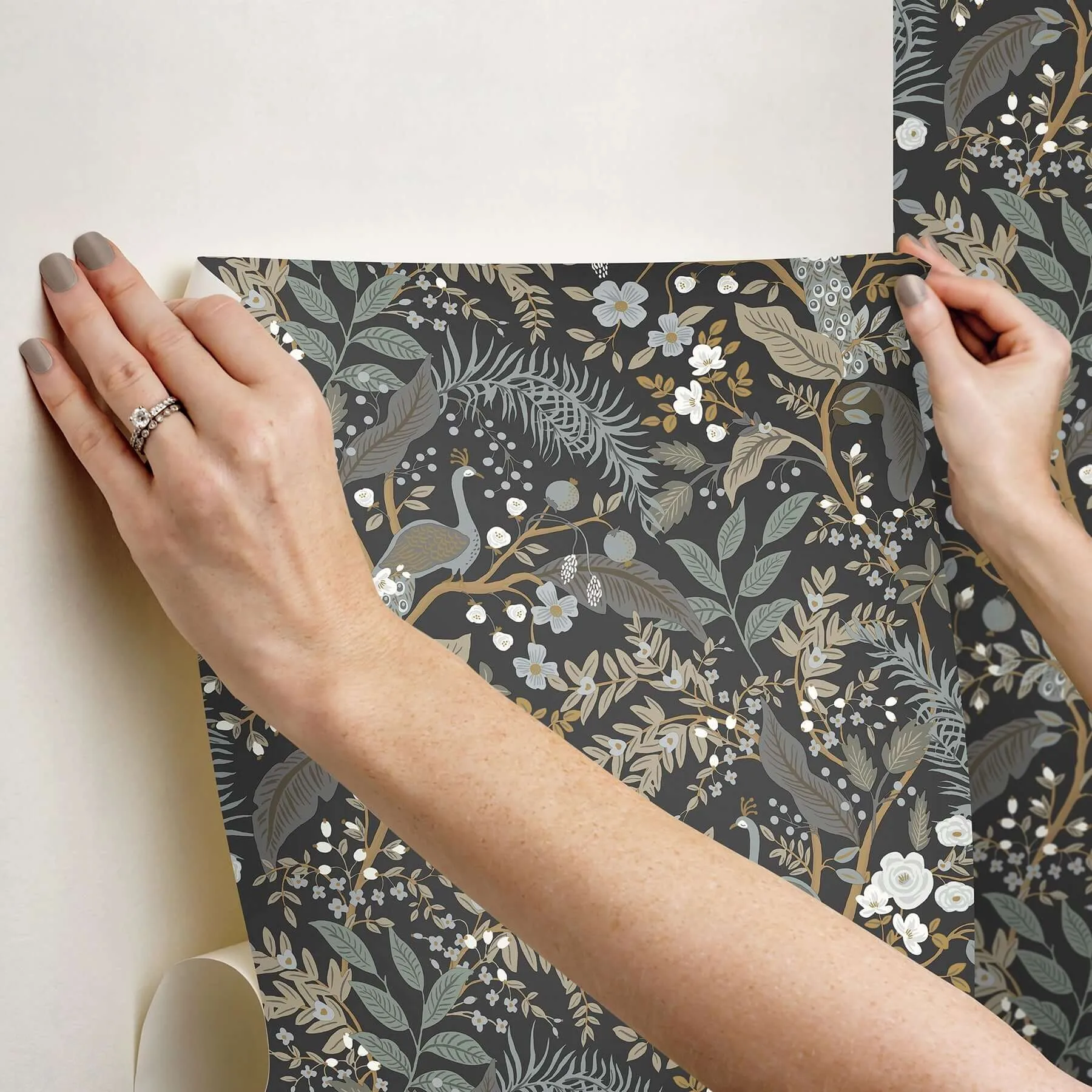 Rifle Paper Co. Peacock Garden - Black Wallpaper | Buy Online Rifle Paper Co. Peacock Garden wallpaper, color Black, SKU PSW1537RL