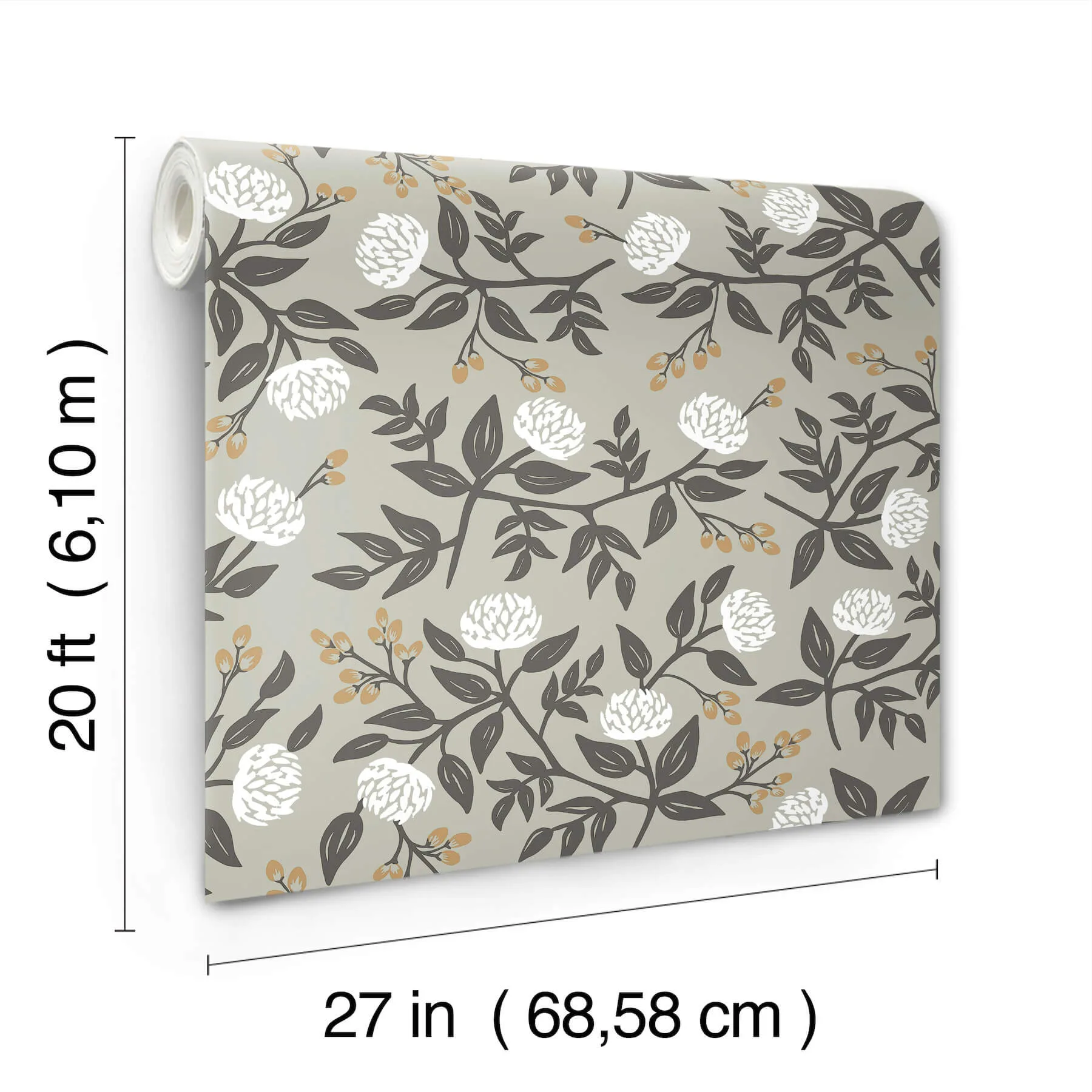 Rifle Paper Co. Peonies - Grey Wallpaper | Buy Online Rifle Paper Co. Peonies wallpaper, color Grey, SKU PSW1688RL
