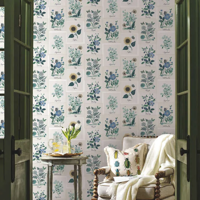 Rifle Paper Co. Botanical Prints - White & Blue Wallpaper | Buy Online Rifle Paper Co. Botanical Prints wallpaper, color White & Blue, SKU RP7335