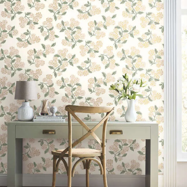 Rifle Paper Co. Hydrangea - Beige & Pink Wallpaper | Buy Online Rifle Paper Co. Hydrangea wallpaper, color Beige & Pink, SKU RP7393