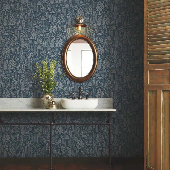 Rifle Paper Co. Menagerie Toile wallpaper, color Dark Blue, SKU RP7372