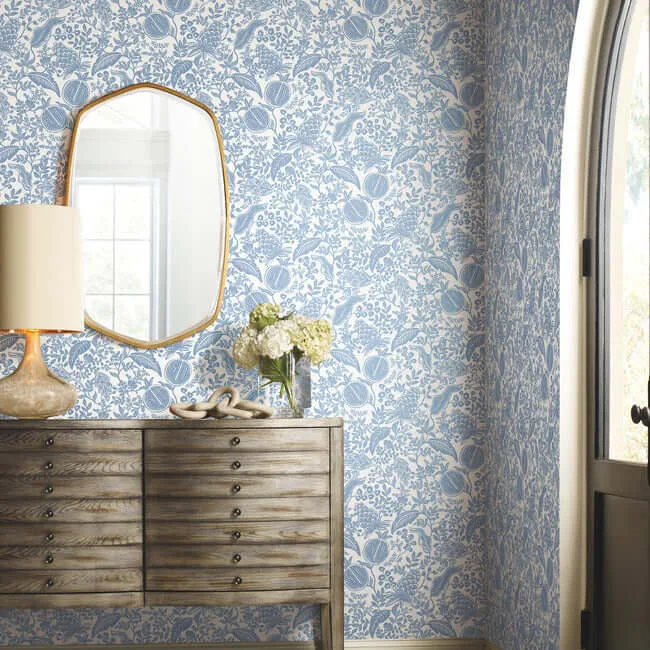 Rifle Paper Co. Pomegranate - White & Blue Wallpaper | Buy Online Rifle Paper Co. Pomegranate wallpaper, color White & Blue, SKU RP7390
