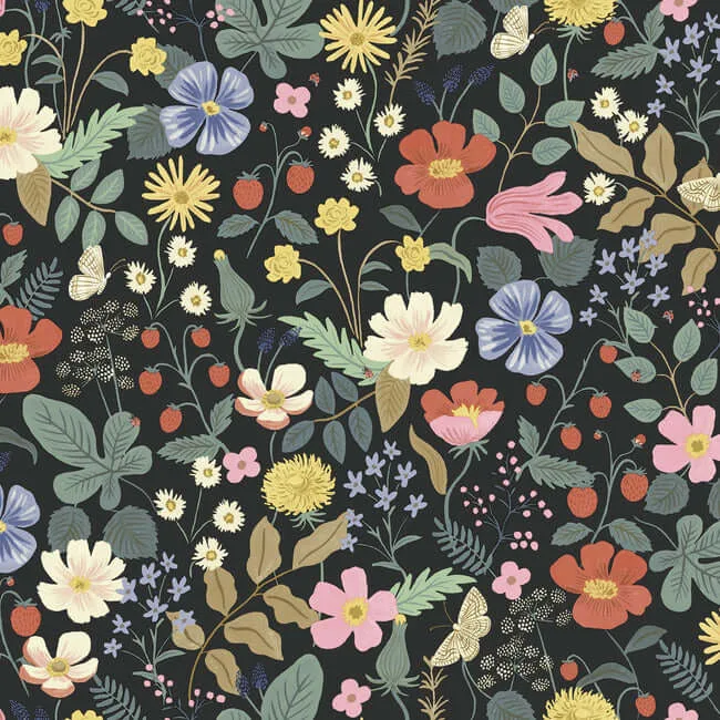 Rifle Paper Co. Strawberry Fields wallpaper, color Black & Green, SKU RP7355