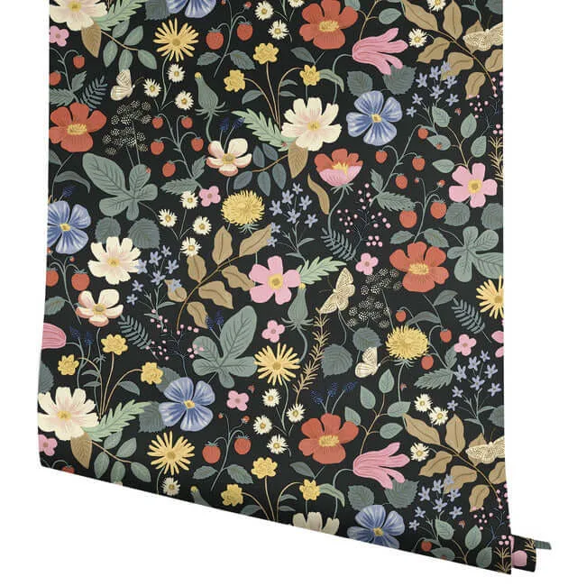 Rifle Paper Co. Strawberry Fields - Black & Green Wallpaper | Buy Online Rifle Paper Co. Strawberry Fields wallpaper, color Black & Green, SKU RP7355